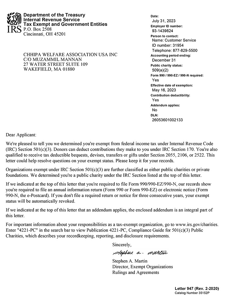Chhipa Welfare Association USA IRS 501(c)(3)